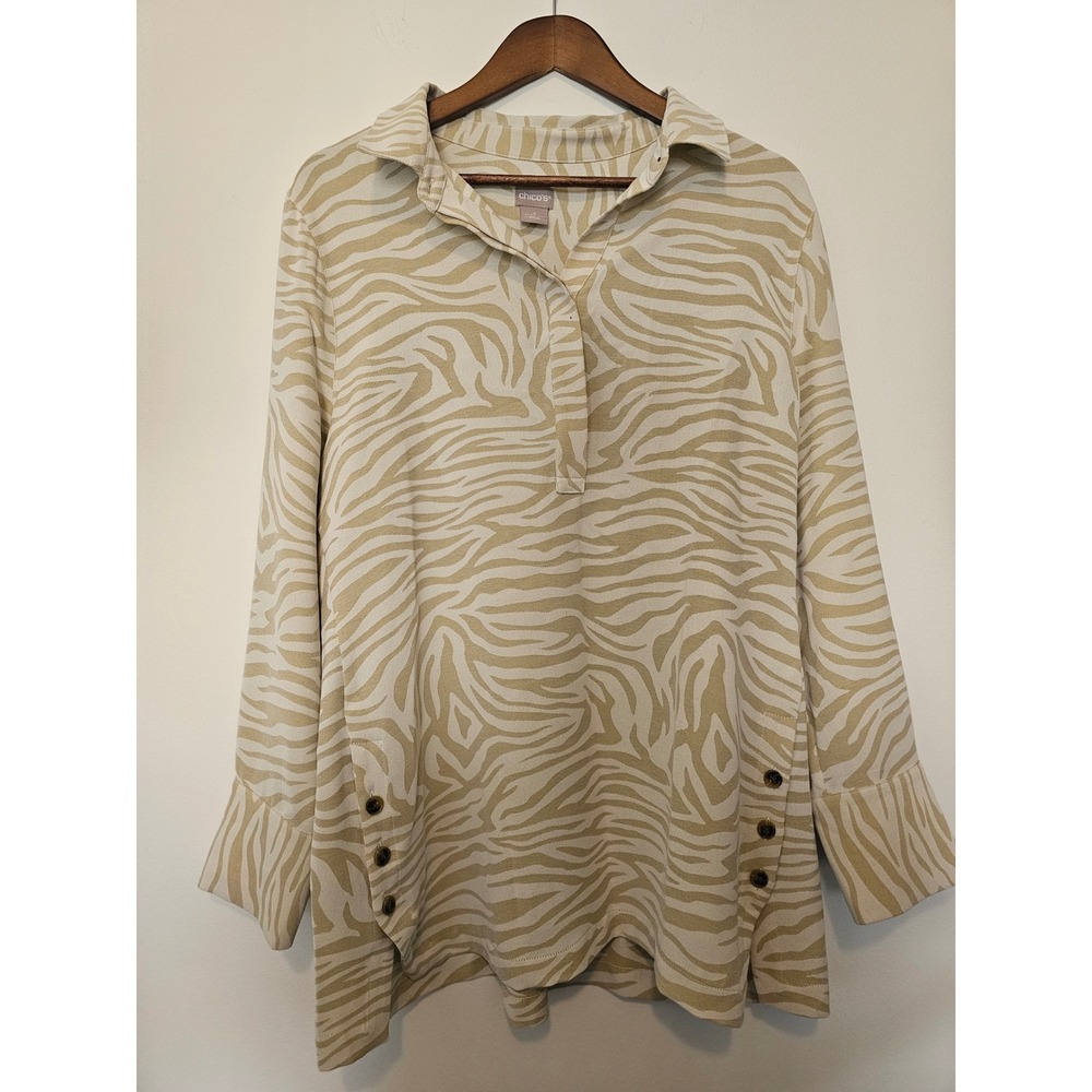 Safari Chic Chico Zebra Print Tunic Women 2 L Tan Cream Button Side Long Sleeve